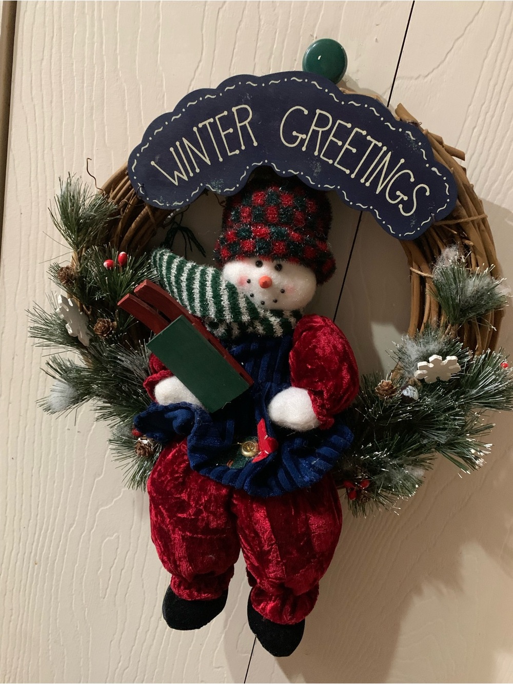 Winter Greetings Snowman Wreath - Red & Green Holiday Door Decor